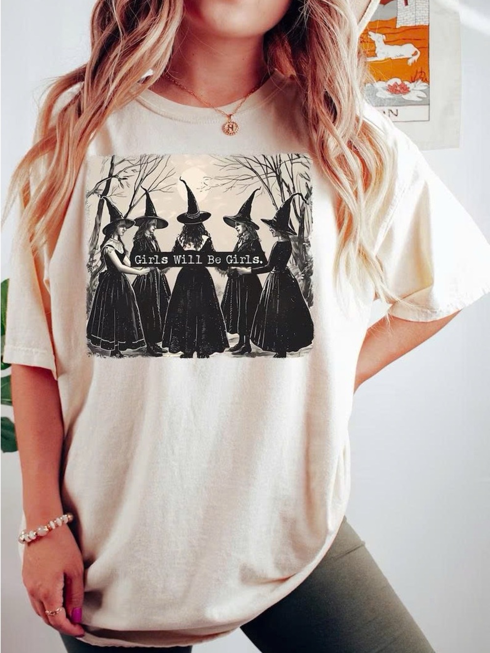Gildan Cream Graphic Tee with Black Witch Illustration